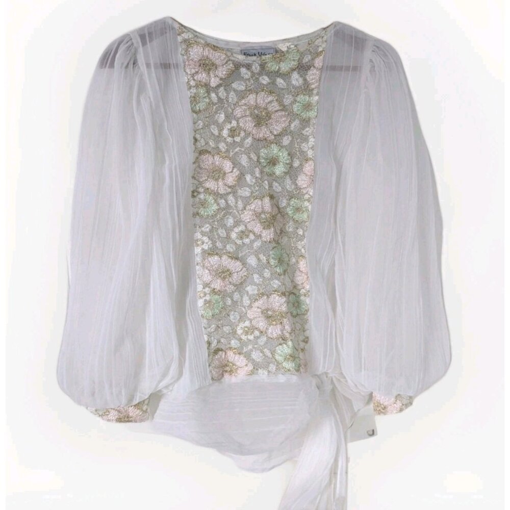 Vintage Frank Usher Woman's Top Embroidered Blouse Sheer Shirt Sash White Floral